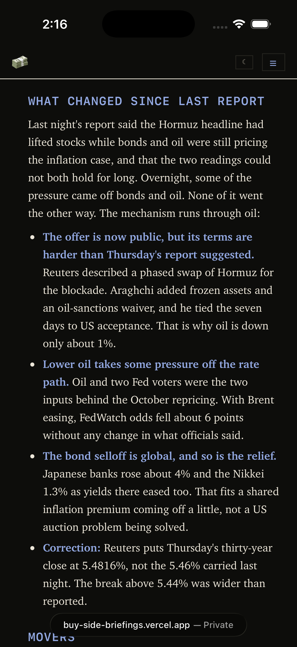 The What Changed Since Last Report section on a phone: a paragraph comparing last night's read with the overnight moves, then bulleted points with bold blue leads on the offer's terms being harder than reported, lower oil easing the rate path, the global bond relief, and a correction to Thursday's thirty-year close, with the Movers heading starting below