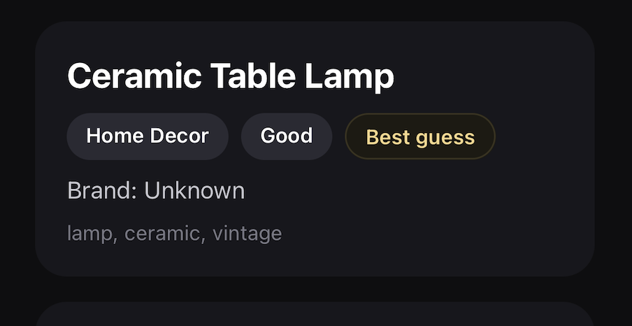 A result card for a Ceramic Table Lamp, tagged Home Decor, Good, and a yellow "Best guess" label, with the brand shown as unknown and search keywords under it