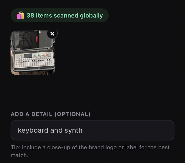 The optional detail field under a photo of an OP-1 in its case, with "keyboard and synth" typed in and a tip to include a close-up of the brand logo