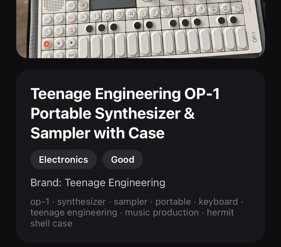 The result for that photo: Teenage Engineering OP-1 Portable Synthesizer & Sampler with Case, tagged Electronics and Good, with the brand and a line of search keywords under it