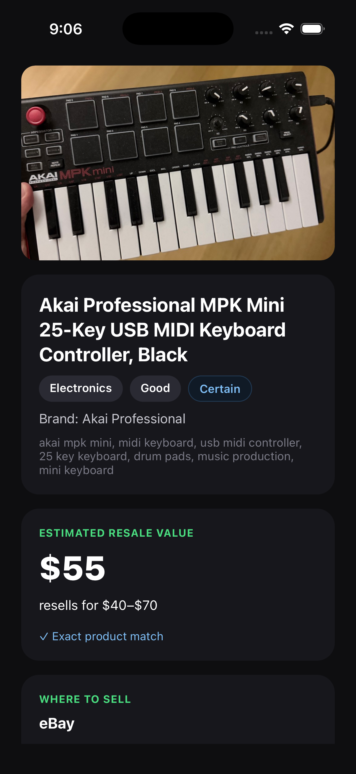 The result for the photo: the Akai keyboard at the top, then Akai Professional MPK Mini 25-Key USB MIDI Keyboard Controller, Black, tagged Electronics, Good, and Certain, its brand and search keywords, and an estimated resale value of $55 that resells for $40 to $70, marked as an exact product match