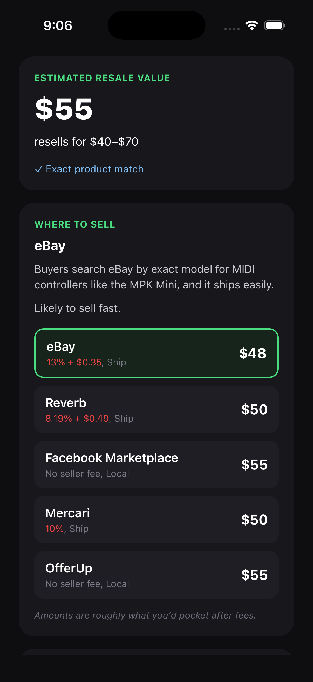 Further down the result: the $55 estimate, then Where to Sell recommending eBay because buyers search it by exact model, with a list of what you'd pocket after fees on eBay at $48 marked Best, Reverb at $50, Facebook Marketplace at $55, Mercari at $50, and OfferUp at $55