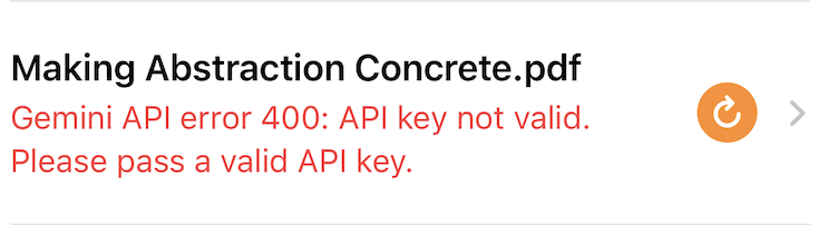 A close read of the failed row: the paper's name over the Gemini error in red, with a retry button on its right
