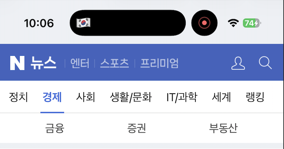 The minimal Dynamic Island over the top of the Naver News site: the island shrunk to a Korean flag, a red recording dot in its own circle beside it, and the blue news header with its section tabs under the status bar